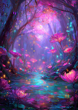 Enchanted Forest Stream with Glowing Flora