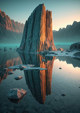 Solitary Rock Spire at Dawn — Reflective Lake Digital Landscape