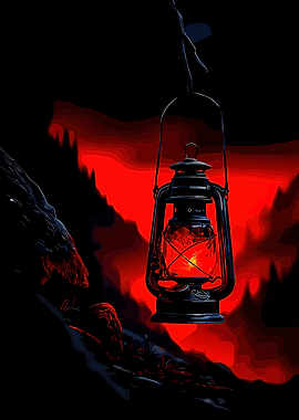 Lantern in a dark, red landscape