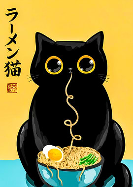 Black Cat Eating Ramen