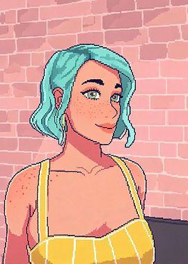 Pixel Art Woman with Blue Hair