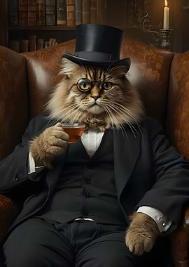 Dapper Cat in a Top Hat with Tea
