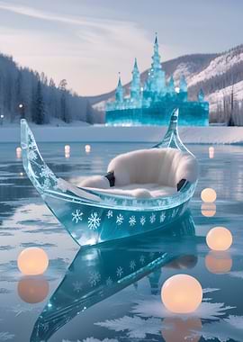 Ice Castle and Gondola on Frozen Lake