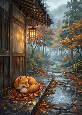 Fox Sleeping in Autumn Rain