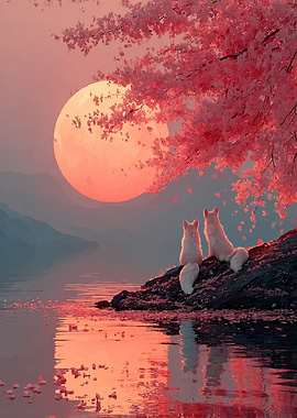 Two foxes under cherry blossoms by the moon