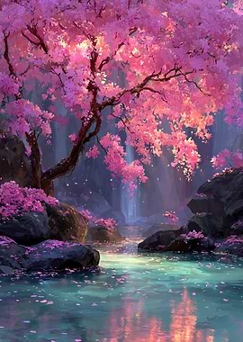Enchanted Cherry Blossom Waterfall