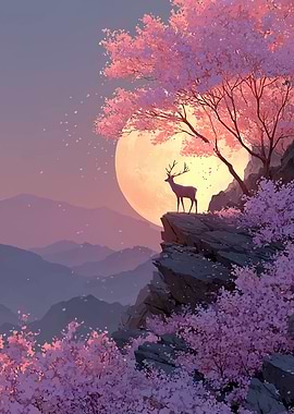 Deer on Cliff Under Cherry Blossoms