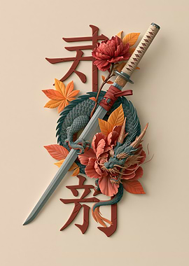 Samurai Sword with Dragon and Flowers