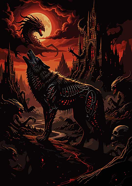 Gothic Wolf Howling Under Blood Moon