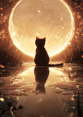 Cat Gazing at a Giant Moon Reflection
