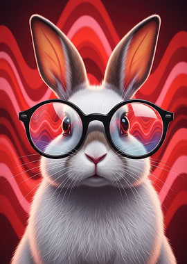 Bunny Wearing Glasses with Red Background