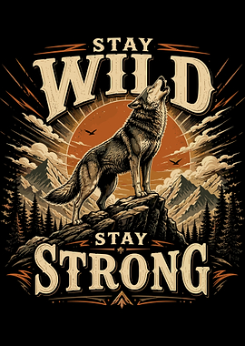 Stay Wild Stay Strong Wolf Poster Vintage Mountain Wall Art