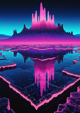 Neon Crystal Spire Rising Above a Reflective Tiled Lake