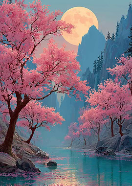 Serene Cherry Blossom River Landscape