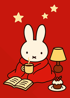 Miffy reading with a warm drink