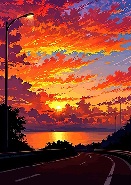 Vibrant Sunset Over a Coastal Road