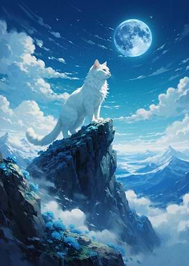 White Cat on Cliff Under Moon