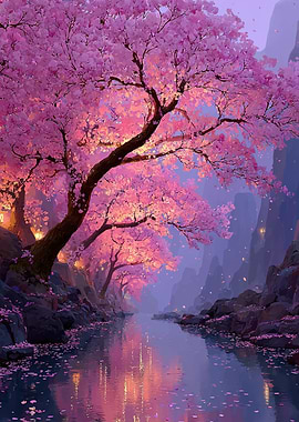 Enchanting Cherry Blossom River Scene