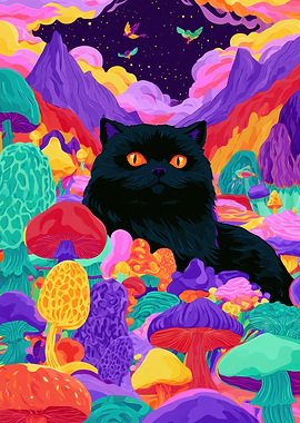 Black Cat in Psychedelic Mushroom Forest