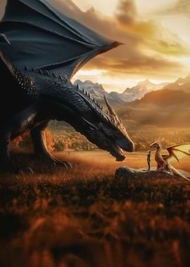 Dragons and a person in a fantasy landscape