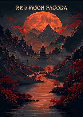 Red Moon Pagoda Landscape