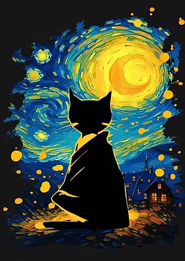 Black Cat Under Starry Night Sky