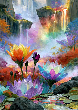 Enchanted Waterfall with Luminous Flowers