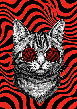 Cat Wearing Sunglasses with Psychedelic Background