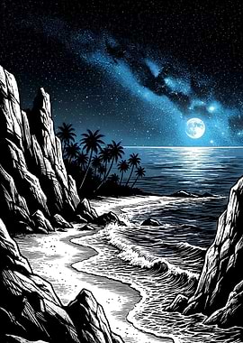 Night Beach with Milky Way and Moon