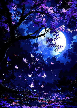Magical Night with Moon and Butterflies