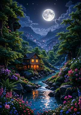 Enchanting Moonlit Cabin by a River