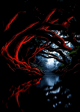 Dark Forest River with Red Trees
