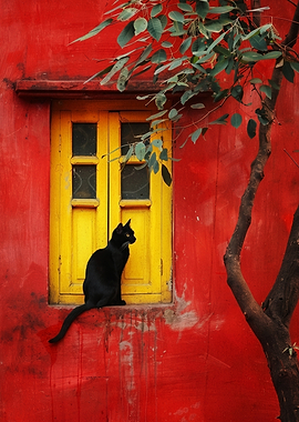 Black cat on a yellow window sill