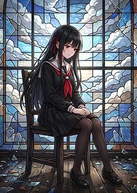 Sad Anime Girl in Broken Stained Glass Room