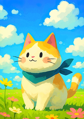 Cute Cat in a Field of Flowers