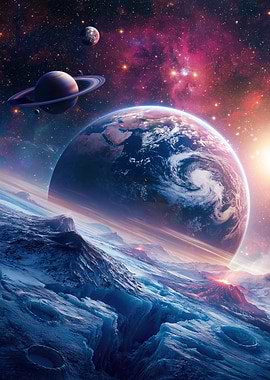 Alien Planet Landscape with Earth and Saturn