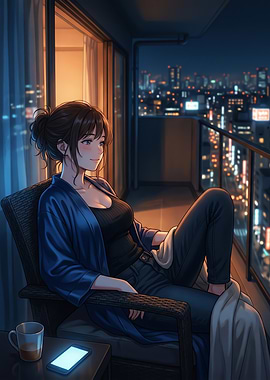 Anime girl on balcony at night