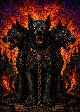 Three-headed hellhound with chains