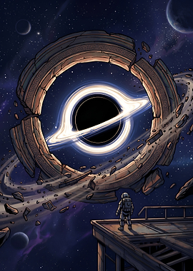 Astronaut Witnessing Black Hole and Ancient Space Ring
