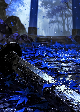 Samurai Sword Amidst Blue Leaves