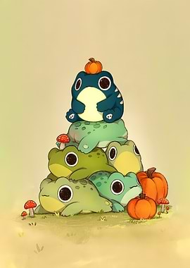 Stack of Cute Frogs with Pumpkins