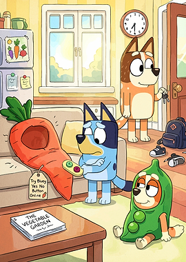 Bluey characters in a living room