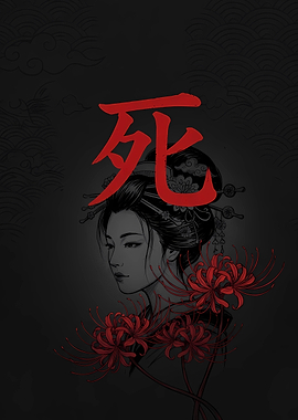 Geisha with Red Spider Lilies and Kanji