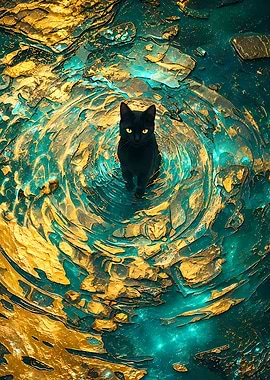 Black Cat in Golden and Teal Vortex
