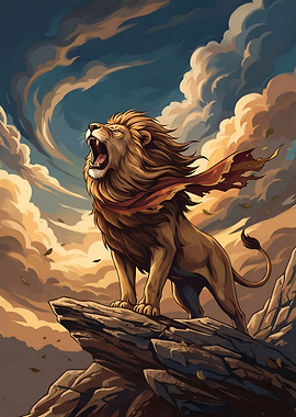Majestic Lion Roaring on Cliff