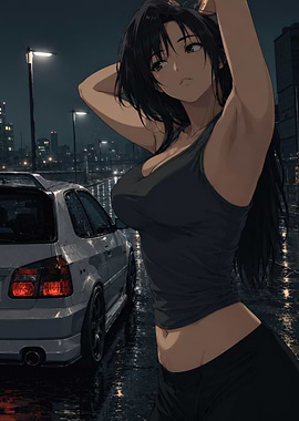 Anime girl with car at night