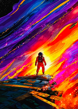 Astronaut in a vibrant cosmic landscape