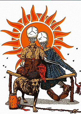 Skeleton Couple with Dog Under Sun