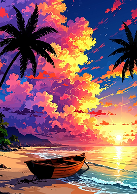 Tropical Sunset Beach with Boat