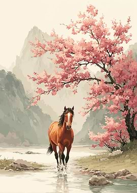Horse in Cherry Blossom Landscape